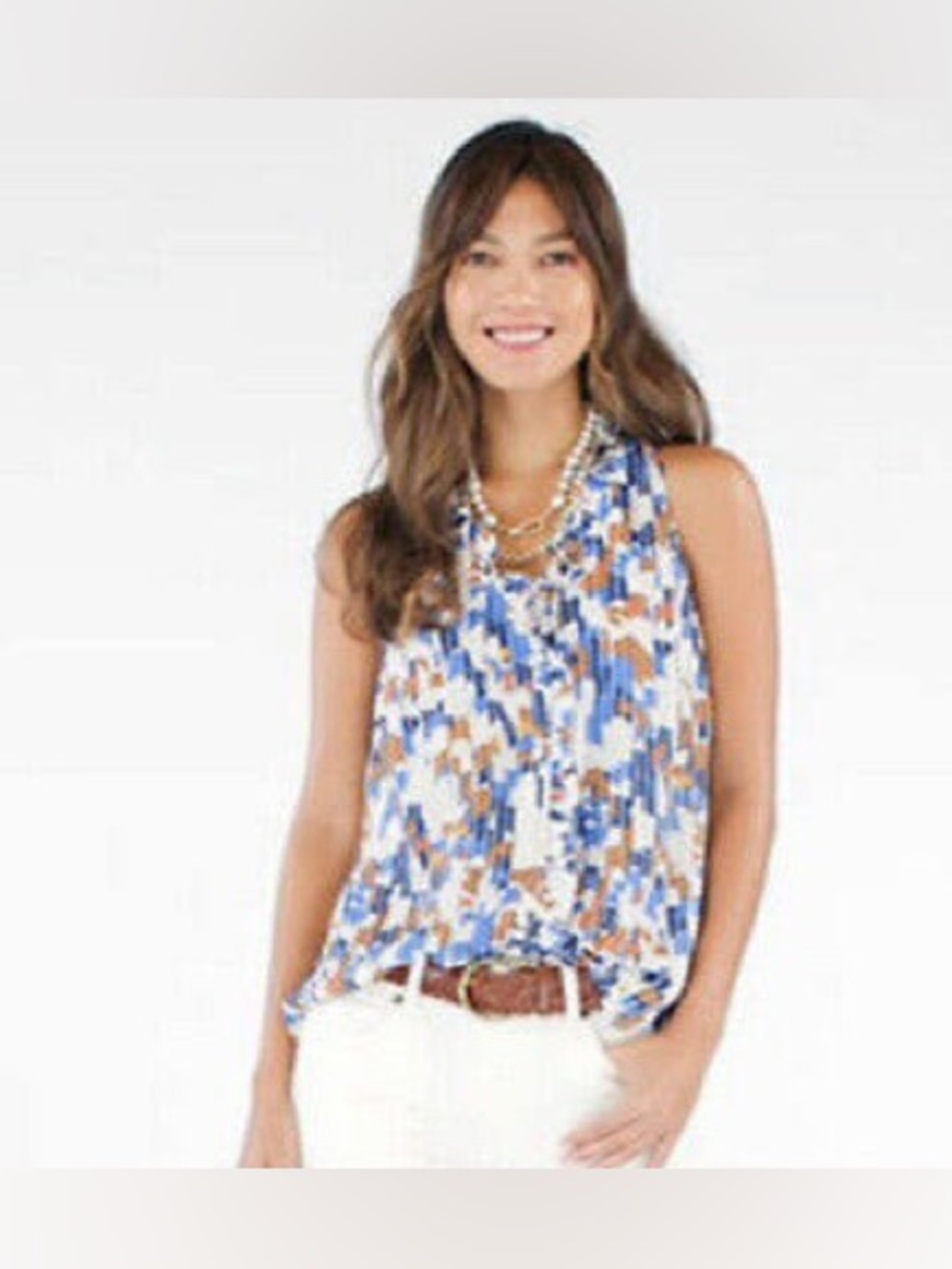 CAbi Sleeveless Ruffle Button Blouse Size XS Abstract Print Style 6106
